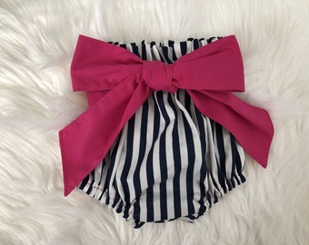 Navy and White Stripped Diaper Cover Bloomers with Pink Belt