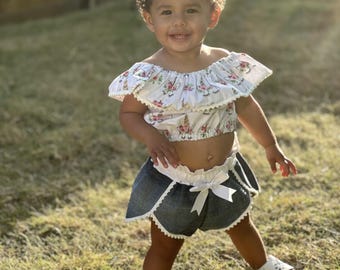 Unicorn Top with Blue Jean Pom Pom Shorts