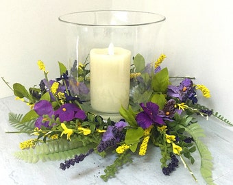 Spring Candle Ring, Spring Wreath, Pansy Candle Ring, Pansy Wreath, Spring Centerpiece, Purple Candle Ring, Purple Centerpiece, Mothers Day