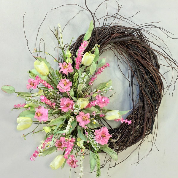 Spring Wreath, Spring Door Décor, Tulip Wreath, Spring Floral, Pastel Wreath, Birch Wreath, Easter Wreath, Wildflowers, Pink, Green
