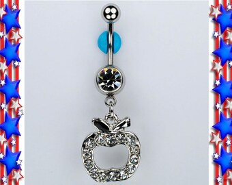 Apple Dangle Belly Ring Bar Teacher Foodie Vegan Vegetarian Fruit Navel Belly Button Piercing Jewelry 14G (C25)