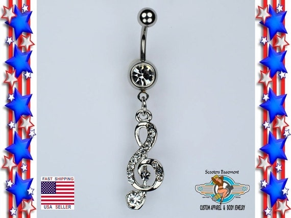 Clear Musical Treble Clef Dangle Belly Button Navel Ring Clear Musical Treble Clef Dangle Belly Button Navel Ring