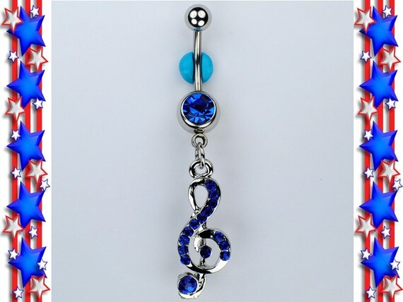 316L Surgical Steel Music Note Treble Clef CZ Gem Dangle Belly Ring 316L Surgical Steel Music Note Treble Clef CZ Gem Dangle Belly Ring