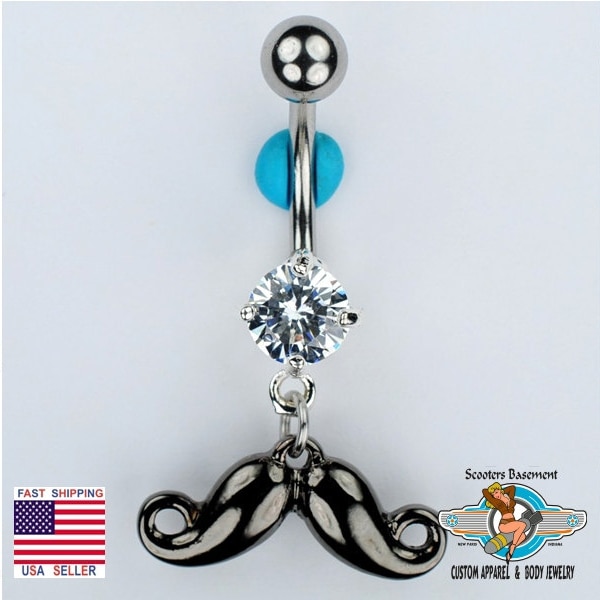 Mustache Dangle Belly Ring Bar French Hipster Steampunk Stache Navel Belly Button Piercing Jewelry 14G (C8)