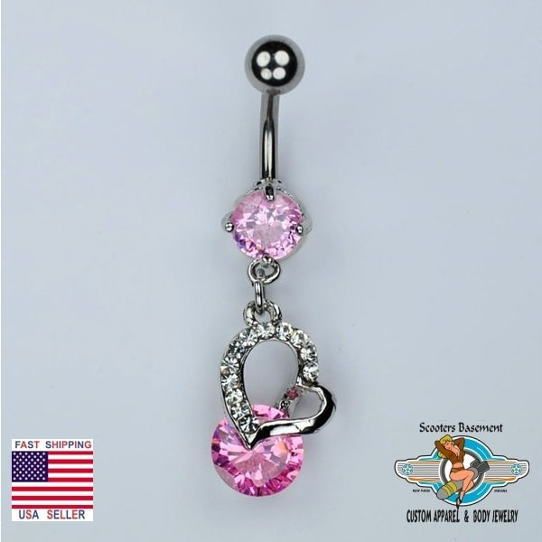 Heart and Pink Floating Solitaire Dangle Belly Ring Gemstone Belly Button Navel Piercing Jewelry 14G (B12)