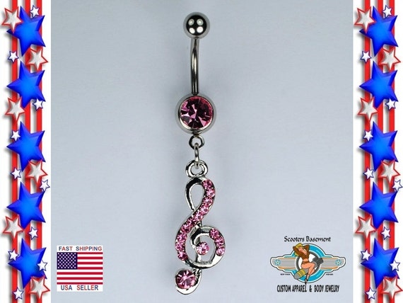 316L Surgical Steel Music Note Treble Clef CZ Gem Dangle Belly Ring 316L Surgical Steel Music Note Treble Clef CZ Gem Dangle Belly Ring