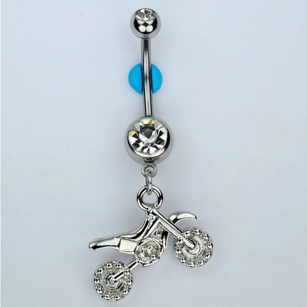 Motocross Dirt Bike Dangle Belly Ring Bar Double Gem Navel Piercing Jewelry 14G (B1)