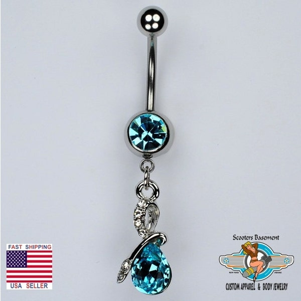 Teardrop Dangle Belly Ring Bar Elegant Aqua Loop Di Loop Belly Button Navel Piercing Jewelry 14G (B29)