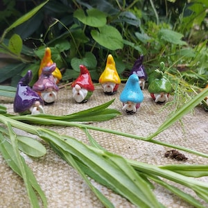 May include: A collection of 10 colourful ceramic gnomes with white beards and different coloured hats. The gnomes are arranged in a line on a grey surface with green grass in the background.