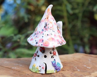 White flecked Ceramic Fairy House
