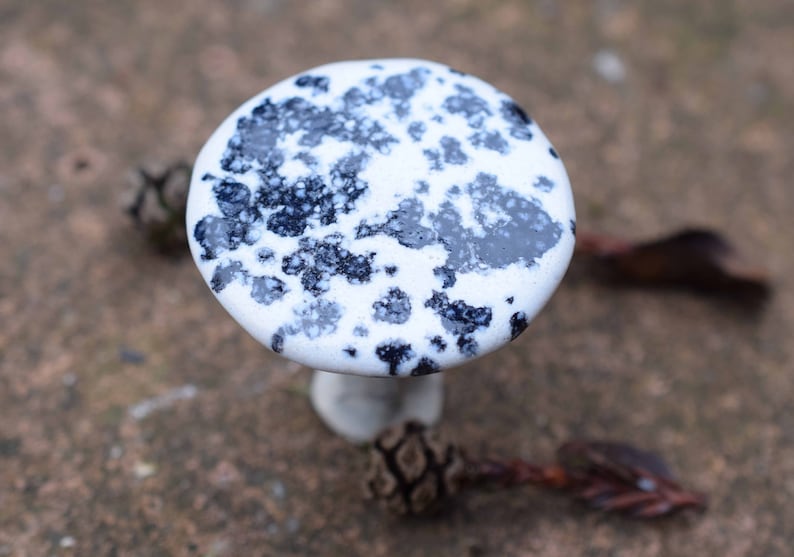 Ceramic mushroom for Fairy Garden, ceramic toadstool, plant pot decoration , stocking filler for her white + black spots