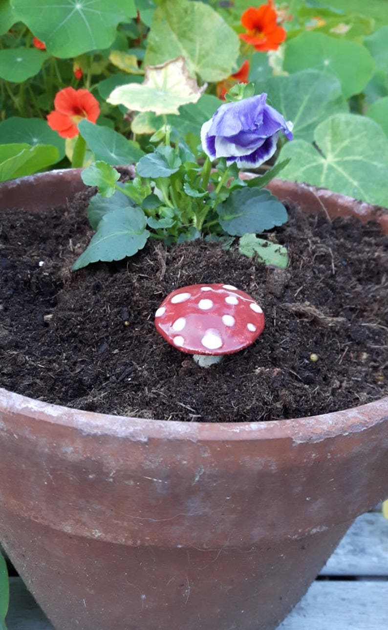 Ceramic mushroom for Fairy Garden, ceramic toadstool, plant pot decoration , stocking filler for her red with white spots