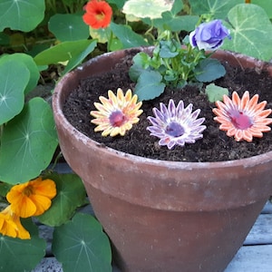 May include: A brown terracotta plant pot with three ceramic flower decorations in yellow, purple, and orange. The pot is surrounded by green foliage and colourful flowers, including orange and yellow nasturtiums.