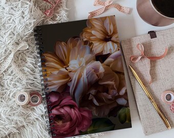 Dark Floral Spiral Notebook: Ruled Pages, 6" x 8"
