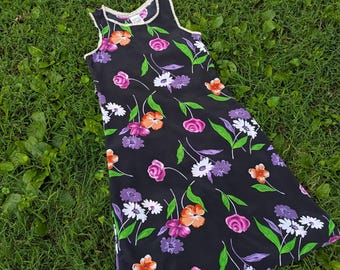Vintage 90s Black Floral Sleeveless Mini Dress, Lace Trim