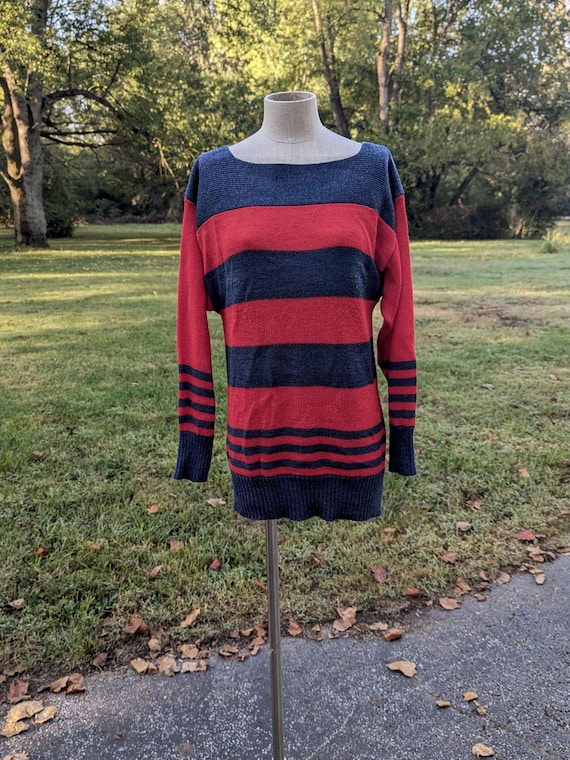 Vintage 70s Red and Blue Horizontal Striped Sweater by Emreco International