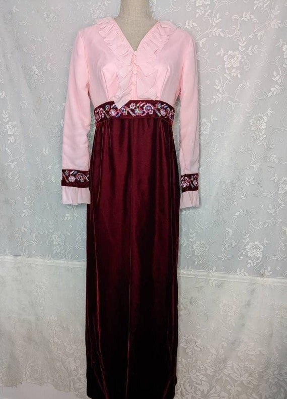 70s Pink and Maroon Empire Waist Dress