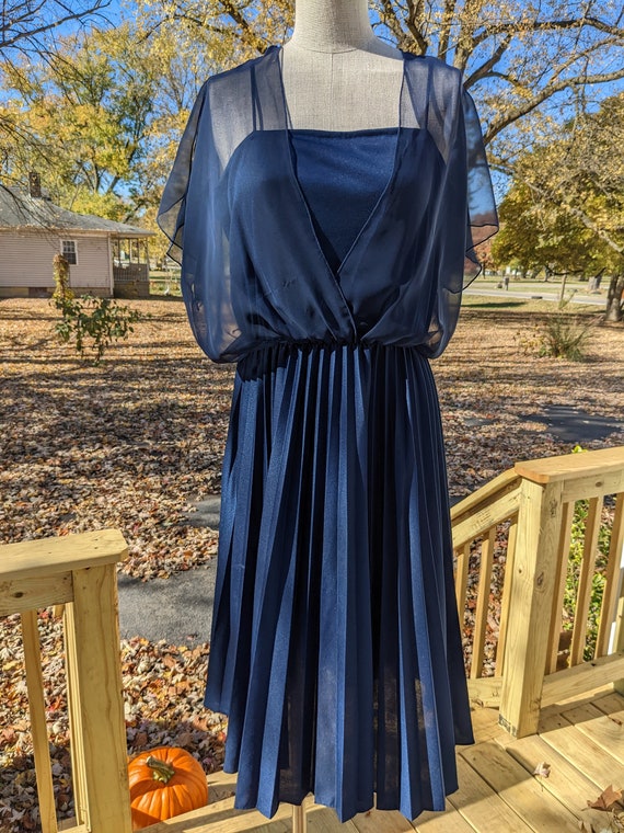 Vintage 70s Pleated Blue Dress with Sheer Top