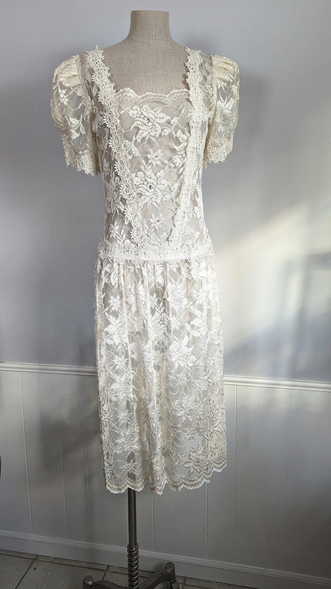 Vintage 80s Does 20s/30s Floral Lace See Through Dress, Cachet by Bari