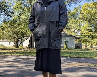 Vintage 90s Black Leather Long Hooded Jacket by The Connection New York