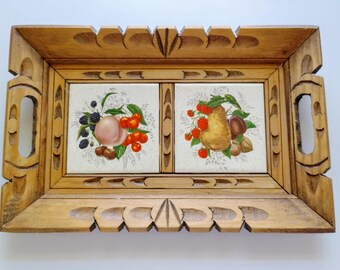 Carved Wooden Tray with Fruit Tiles
