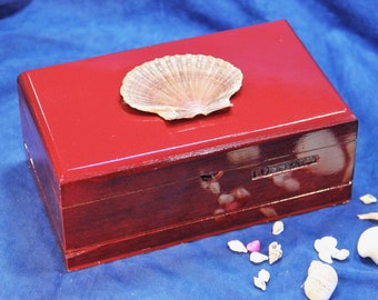 Wooden Keepsake Box, Storage Box, Bedside Box, Mexican Scallop Shell, Re-purposed Wooden Cigar Box, (Box #698)