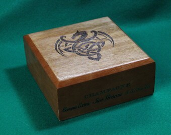 Wooden Keepsake Box, Re-Purposed Cigar Box, Pyrography - Celtic Dragon I (No. 322)