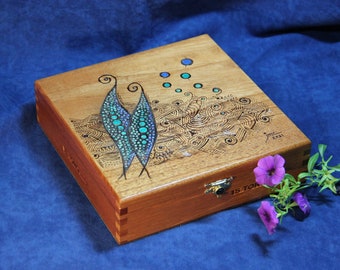 Wooden Keepsake Box, Re-Purposed Cigar Box, Pyrography + Carving + Tinting - "Renewal" OOAK (Box No. 621)