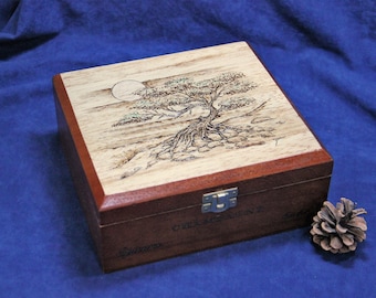 Wooden Keepsake Box, Re-Purposed Cigar Box, Pyrography - "Moon Tree" - OOAK (Box No. 695)