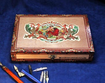 Calligraphy Storage Case for pens, holders & nibs, Re-purposed Wooden Cigar Box, Holds 5 pens or holders + nibs (Box No. 731)