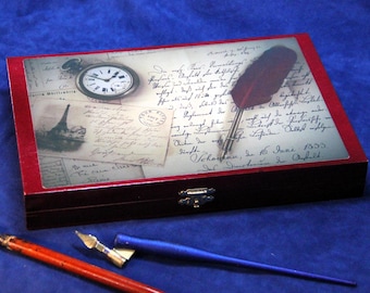 Calligraphy Storage Case for pens, holders & nibs, Re-purposed Wooden Cigar Box, Holds 5 pens or holders + nibs (Box No. 730)