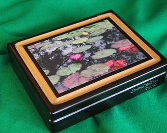 Wooden Keepsake Box, Storage Box, Re-purposed Cigar Box, Decopauge Photo, Water Lily Pond  (Box No. 130)