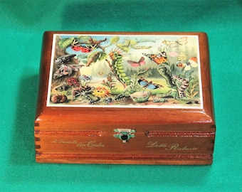 Wooden Keepsake Box, Storage Box, Re-purposed Wooden Cigar Box, Butterfly Print, Decoupage, (Box #631)
