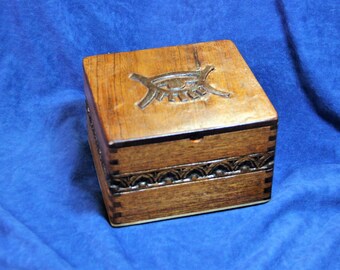 Hand-Carved Wooden Box, Re-Purposed Cigar Box, African Design, Adinkra Symbol, Kojo Baiden (Box No. 195)