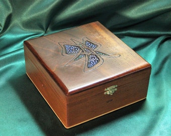 Wooden Keepsake Box, Re-Purposed Cigar Box, Pyrography + Carving + Tinting - "Trinity" OOAK (Box No. 435)