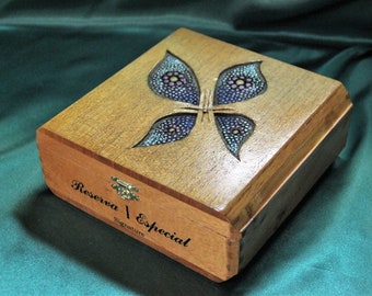 Wooden Keepsake Box, Re-Purposed Cigar Box, Carved Wood + Tinting - "Resurrection" OOAK (Box No. 436)