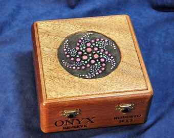 Wooden Keepsake Box, Re-Purposed Cigar Box, Rotary Carving + Luminescent Tinting - "Discovery" OOAK (Box No. 622)