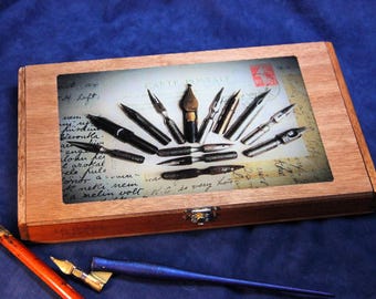 Calligraphy Storage Case for pens, holders & nibs, Re-purposed Wooden Cigar Box, Holds 5 pens or holders + nibs (Box No. 733)