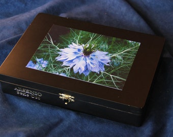 Wooden Keepsake Box, Storage Box, Re-purposed Wooden Cigar Box, Decoupage, Love-in-a-Mist  (Box #131)