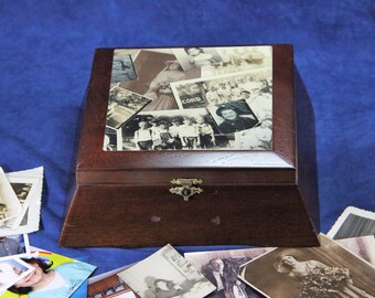 Photo Storage Box, Re-purposed Wooden Cigar Box, Decoupage, (Box #676)