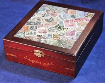 Wooden Keepsake / Letter Box - Collage/Decoupage with Vintage Sepia/Gray Worldwide Postage Stamps (Box No. 498)