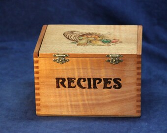 Wooden Recipe Box, for 3x5" Cards - Re-Purposed Cigar Box, Pyrography - "Horn of Plenty" - OOAK (Box No. 697)