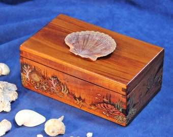 Wooden Keepsake Box, Bedside Box, Coral Reef, Pyrography with Hand-Tinting, Mexican Scallop Shell, Re-purposed Wooden Cigar Box, (Box #699)