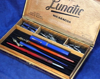 Calligraphy Storage Case for pens, holders & nibs, Re-purposed Wooden Cigar Box, Holds 5 pens or holders + nibs (Box No. 734)