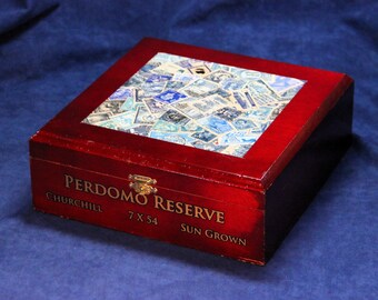 Wooden Keepsake Box, Old World-wide Postage Stamps Decoupage, Blue Stamps, Re-Purposed Cigar Box, OOAK, Box 711)