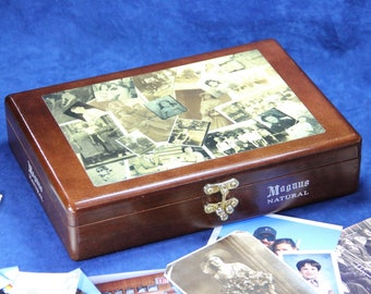 Photo Storage Box, Re-purposed Wooden Cigar Box, Decoupage, (Box #677)