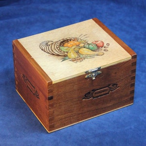 Wooden Recipe Box, for 3x5&quot; Cards - Re-Purposed Cigar Box, Pyrography - &quot;Horn of Plenty&quot; - OOAK (Box No. 696)