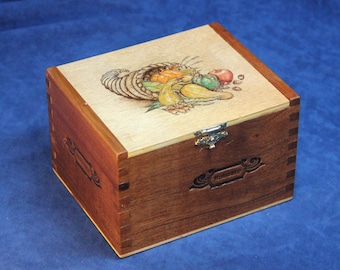 Wooden Recipe Box, for 3x5" Cards - Re-Purposed Cigar Box, Pyrography - "Horn of Plenty" - OOAK (Box No. 696)