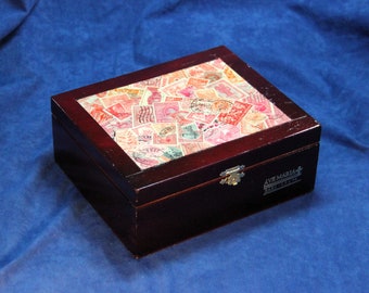 Wooden Keepsake Box, Old World-wide Postage Stamps Decoupage, Red Stamps, Re-Purposed Cigar Box, OOAK, Box 712)
