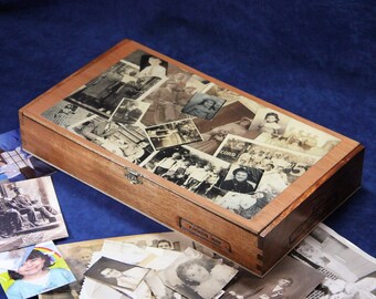 Photo Storage Box, Re-purposed Wooden Cigar Box, Decoupage, (Box #675)